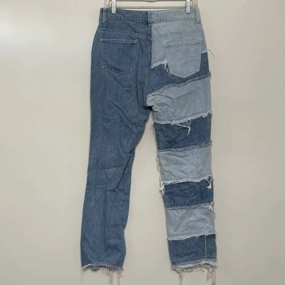SHEIN Y2K Casual Washed Wide-Leg Baggy Jeans Patchwork Frayed Sz 10 - Picture 2 of 3